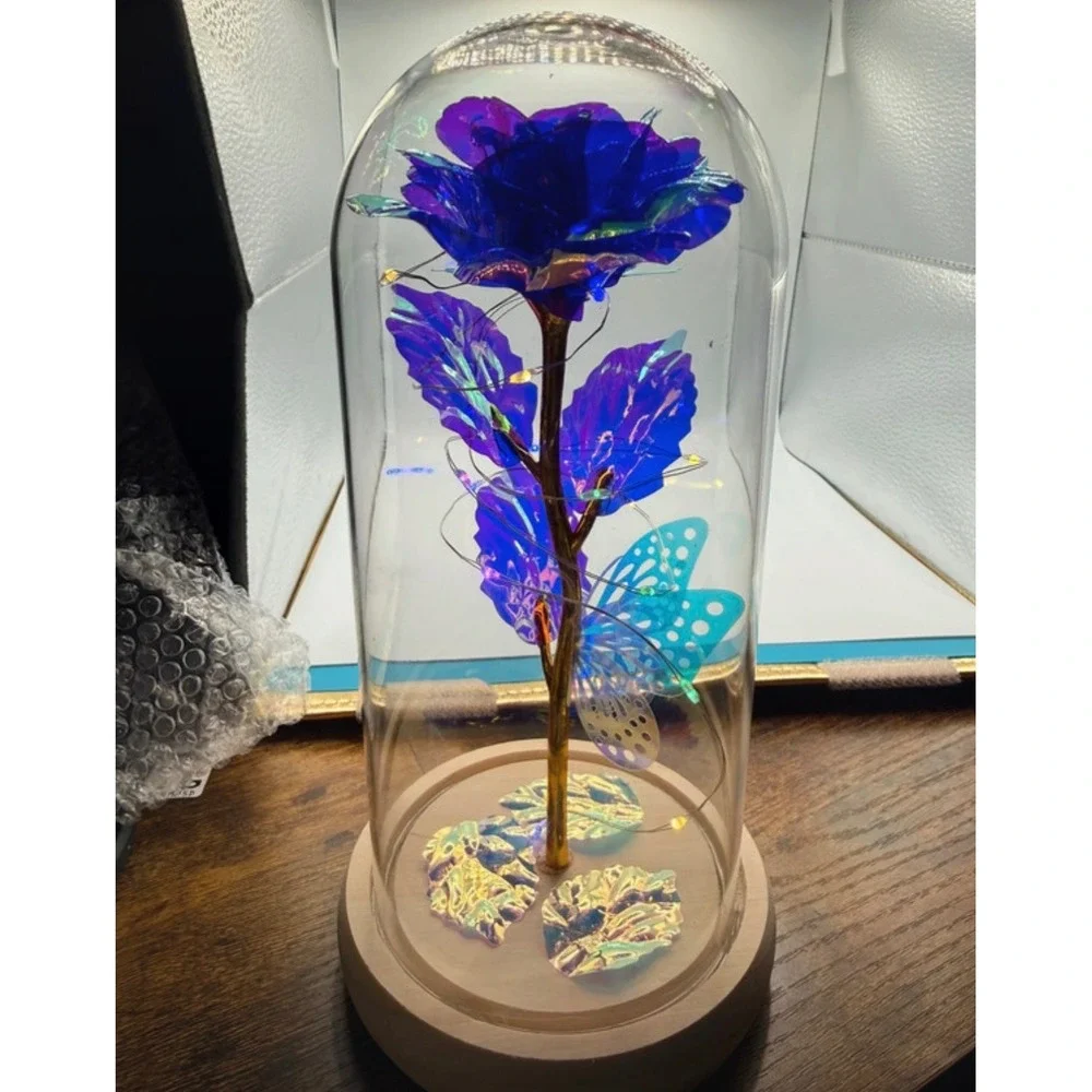Enchanted Galaxy Rose in Glass Dome LED Light Blue Iridescent Flower Gift Box